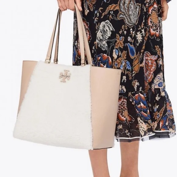 Tory Burch McGraw Shearling Fleece Fur & Leather Tote Bag Sand Beige Pink Ivory - Picture 15 of 16